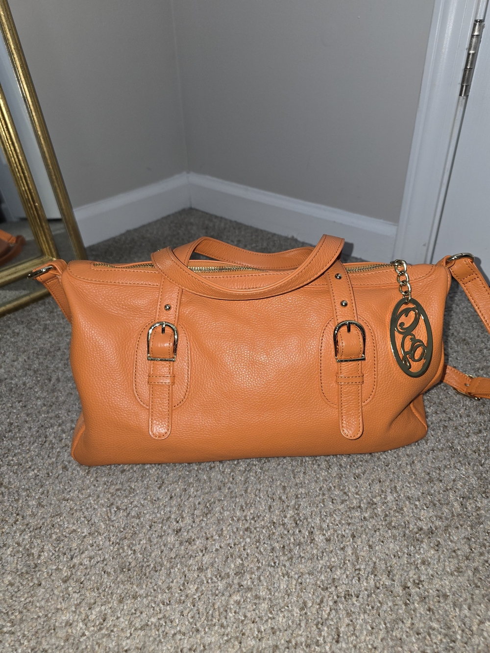 Onna Ehrlich Orange Leather Derin Satchel Handbag with Gold Charm